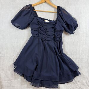 Altar’d State Navy Dress Puff Sleeve Square Neck Size M Coquette Milkmaid